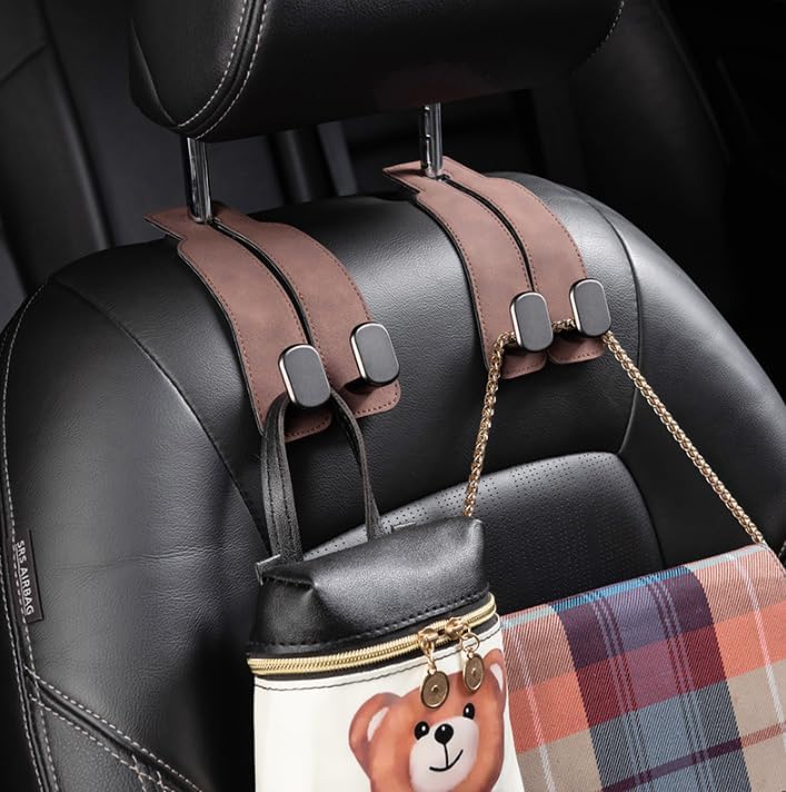iRosesilk® 2-in-1 Premium Leather Car Headrest Hanger with Metal Hooks (1 Pair)