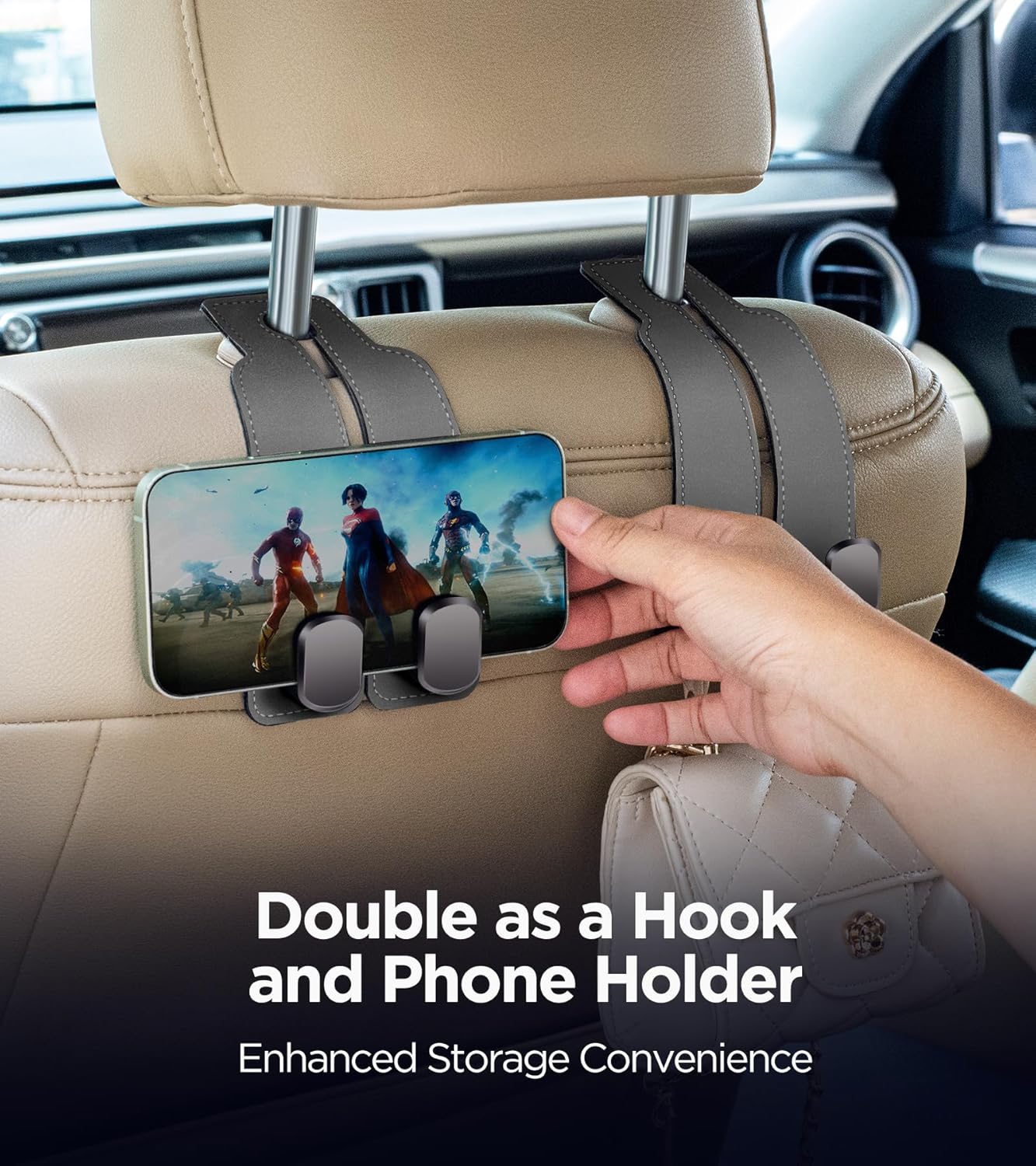 iRosesilk® 2-in-1 Premium Leather Car Headrest Hanger with Metal Hooks (1 Pair)